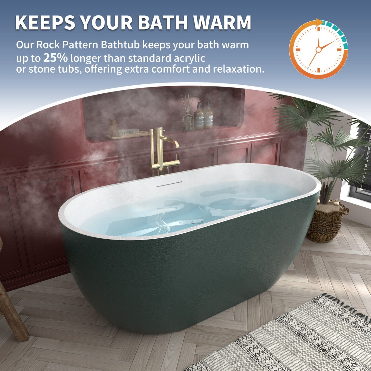 Allsumhome RockX 59" Imitation Natural Stone Freestanding Bathtub,Avocado green,Stone Touch,Scratch-proof,Large Overflow Port - ExBriteUSA