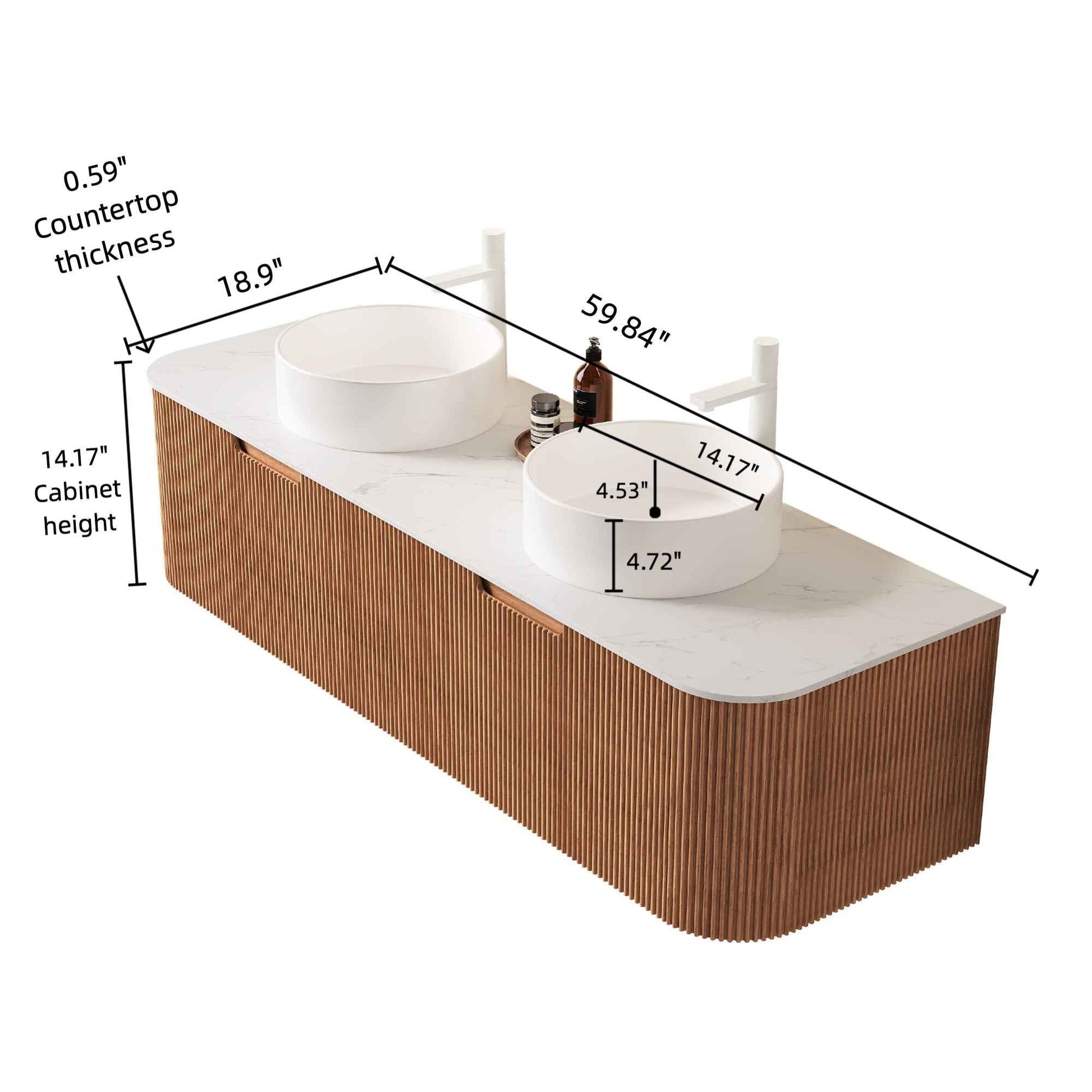 ExBrite DN 60' Bathroom Vanity with Sinks, Wall-Mounted Floating Curved Edges Striped Bathroom Storage Cabinet with 2 Drawers, 2 White Round Ceramic Basins, NO Faucet, Pre-assembled, Natural Woodgrain Color