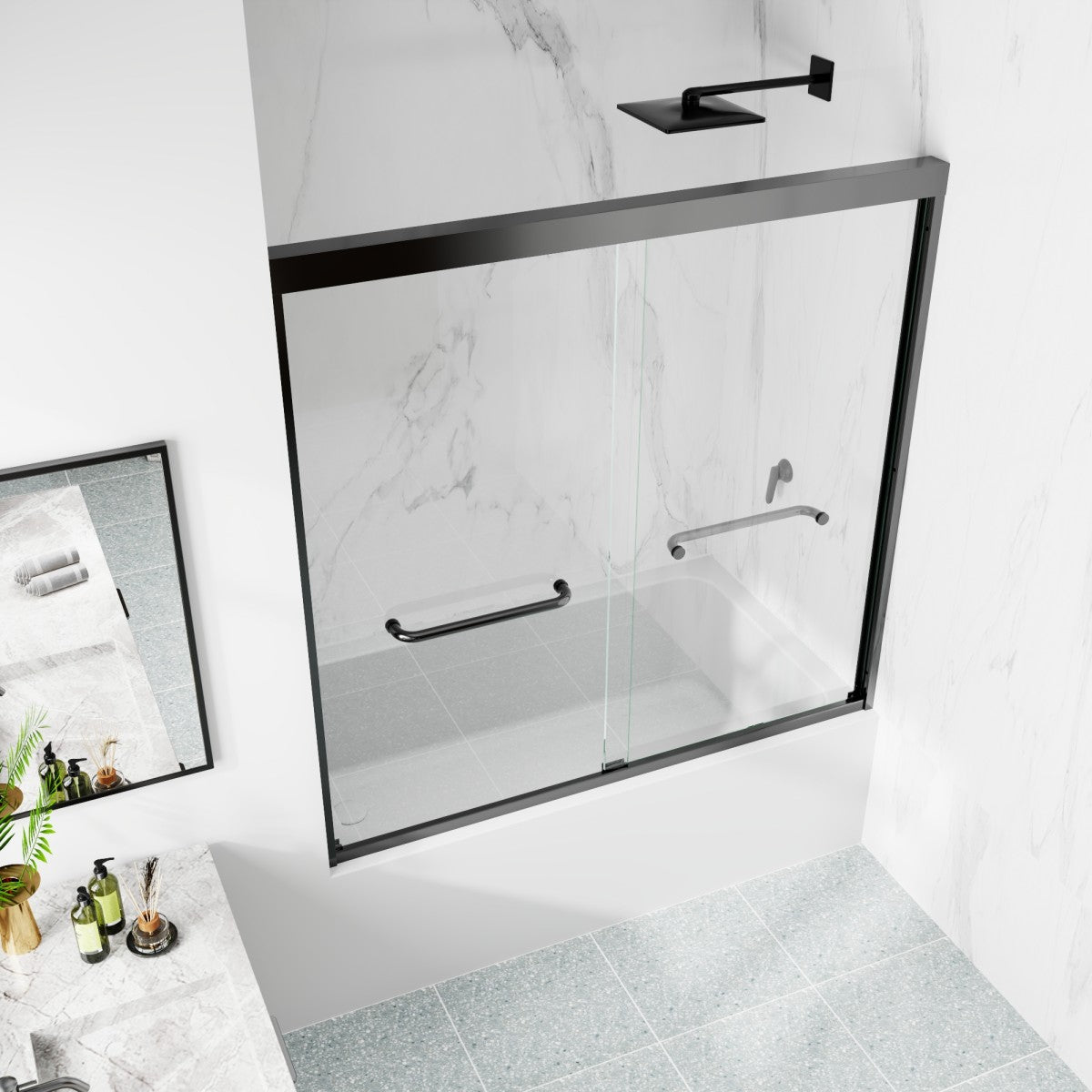 Glide-Bpro 58-60 in. Framed Double Sliding Tub Door,Bypass Bathtub Shower Tempered Glass Door,Matte Black,Explosion-Proof Film