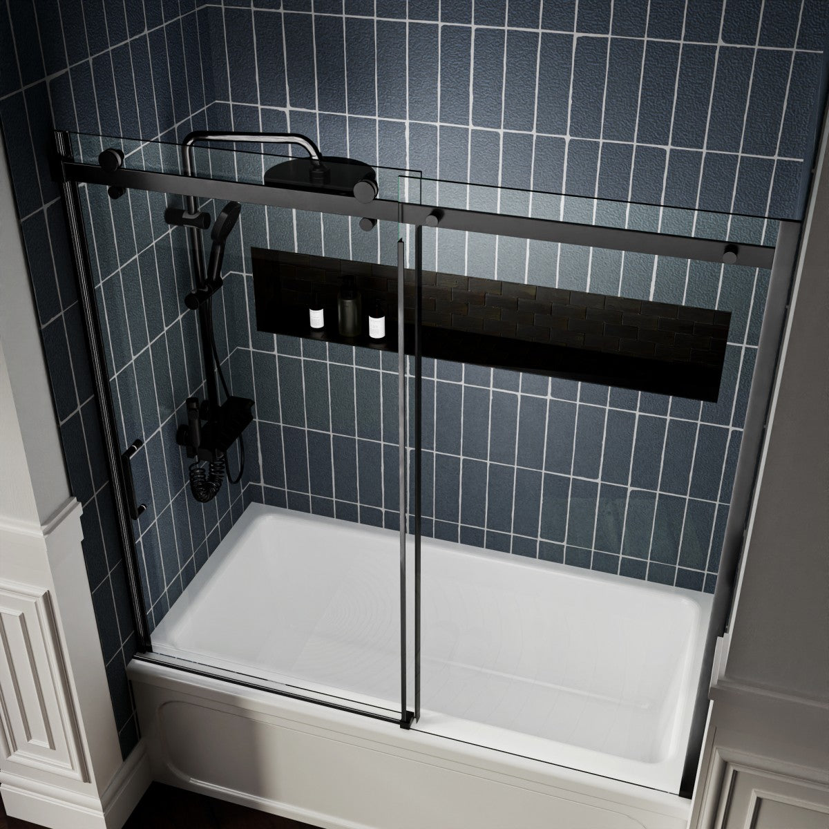 Zephyr 56-60" Semi-Frameless Single Sliding Tub Door,Matte Black,Bypass Bathtub Shower Tempered Glass Door with Explosion-Proof Film