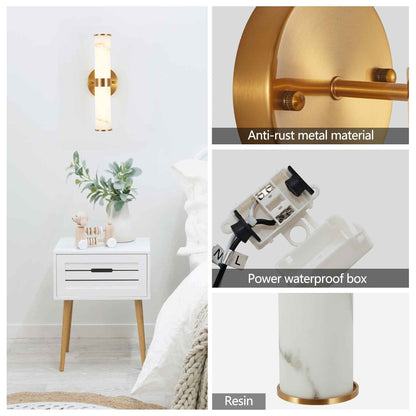 Exbrite Set of 2 Modern Marble-Effect Resin Wall Sconces with Gold Accents �C Elegant LED-Compatible Vanity Lights for Bedroom, Living Room & Hallway(Only Inoor)