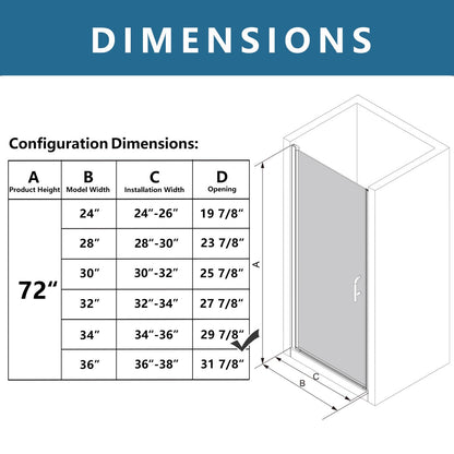 Classy 34-36" W x 72" H Hinged Pivot Semi-Frameless Shower Door Brushed Nickel Install Glass Shower Door - ExBriteUSA