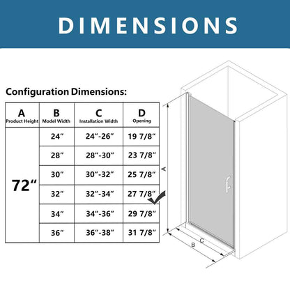 Classy 32-34" W x 72" H Pivot Shower Door Semi-Frameless Hinged in Chrome Install Glass Shower Door