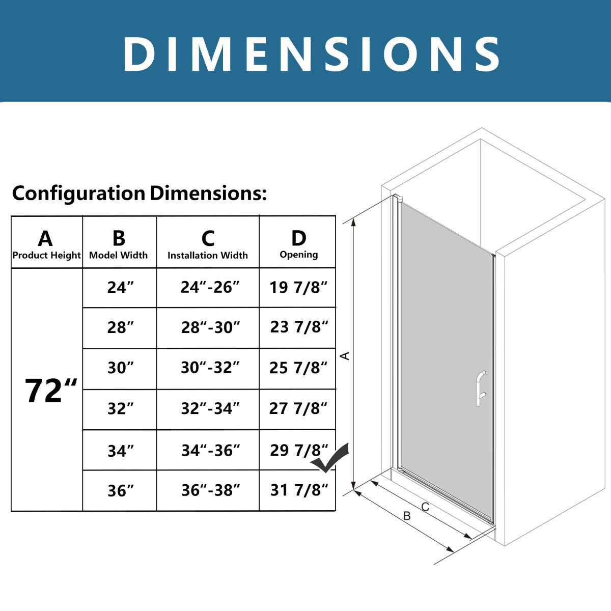Classy 34-36" W x 72" H Hinged Pivot Semi-Frameless Shower Door Matte Black Install Glass Shower Door