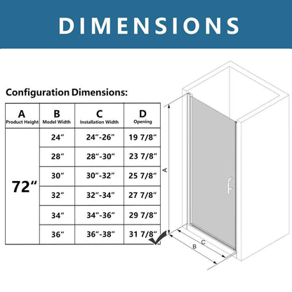 Classy 36-38" W x 72" H Pivot Semi-Frameless Glass Shower Door in Black