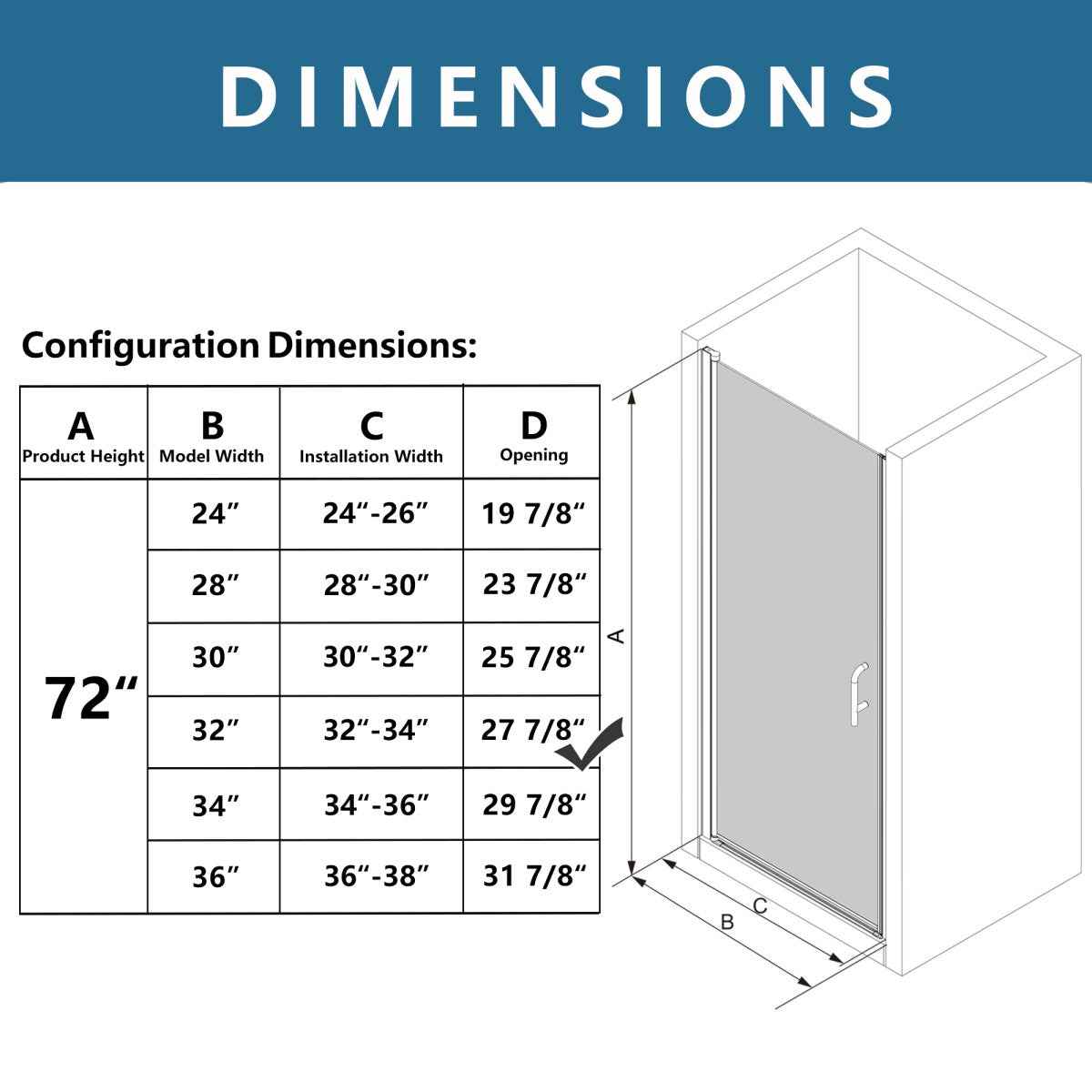 Classy 32-34" W x 72" H Pivot Shower Door Semi-Frameless Hinged in Matte Black Install Glass Shower Door