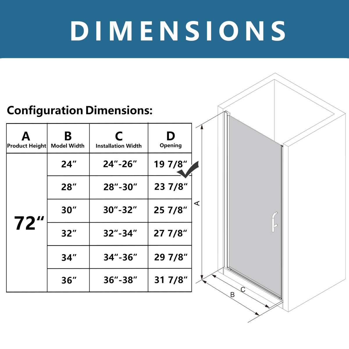 Classy clear glass hinged pivot shower door dimensions chart, 72" H, 24-26" W, black install.