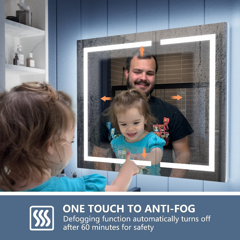 Person using a mirror with an anti-fogging feature, showing a child looking at themselves in the mirror.