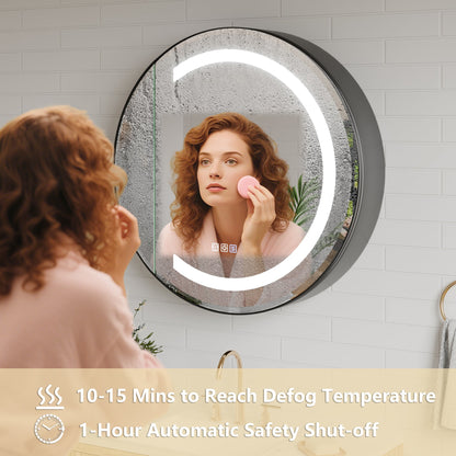 Hola 28" Round LED Medicine Cabinet �C Black Frame, Anti-Fog, Dimmable Lighting, Surface Mount - ExBriteUSA