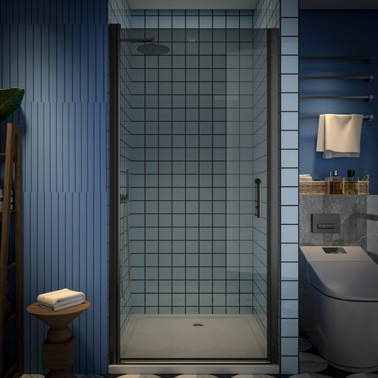 Classy-G 36-37.3" W x 72" H Pivot Frameless Shower Door Matte Black Smoke Gray Glass Shower Door with Handle