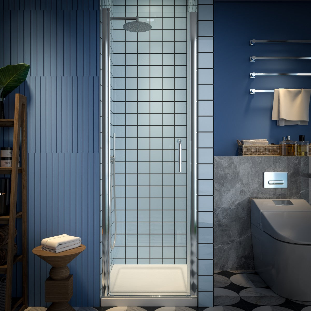 Classy 24-26" W x 72" H small shower door with chrome install, clear glass, and hinged pivot design in a modern bathroom setting.