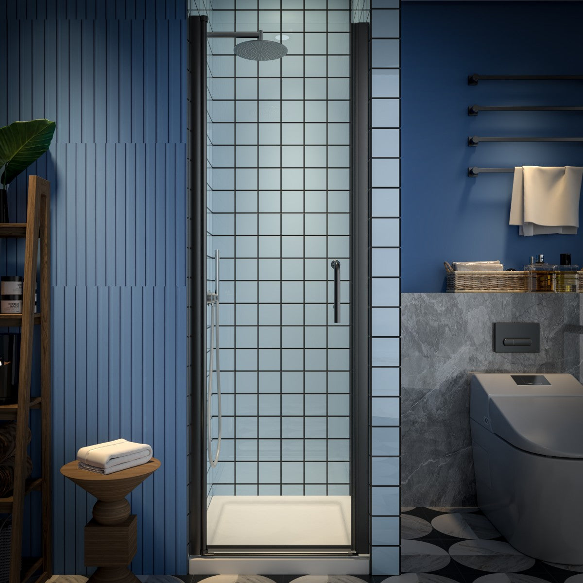 Classy 24-26" W x 72" H clear glass shower door with black hinged pivot installation in modern bathroom.