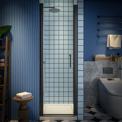 Classy 24-26" W x 72" H clear glass shower door with black hinged pivot installation in modern bathroom.