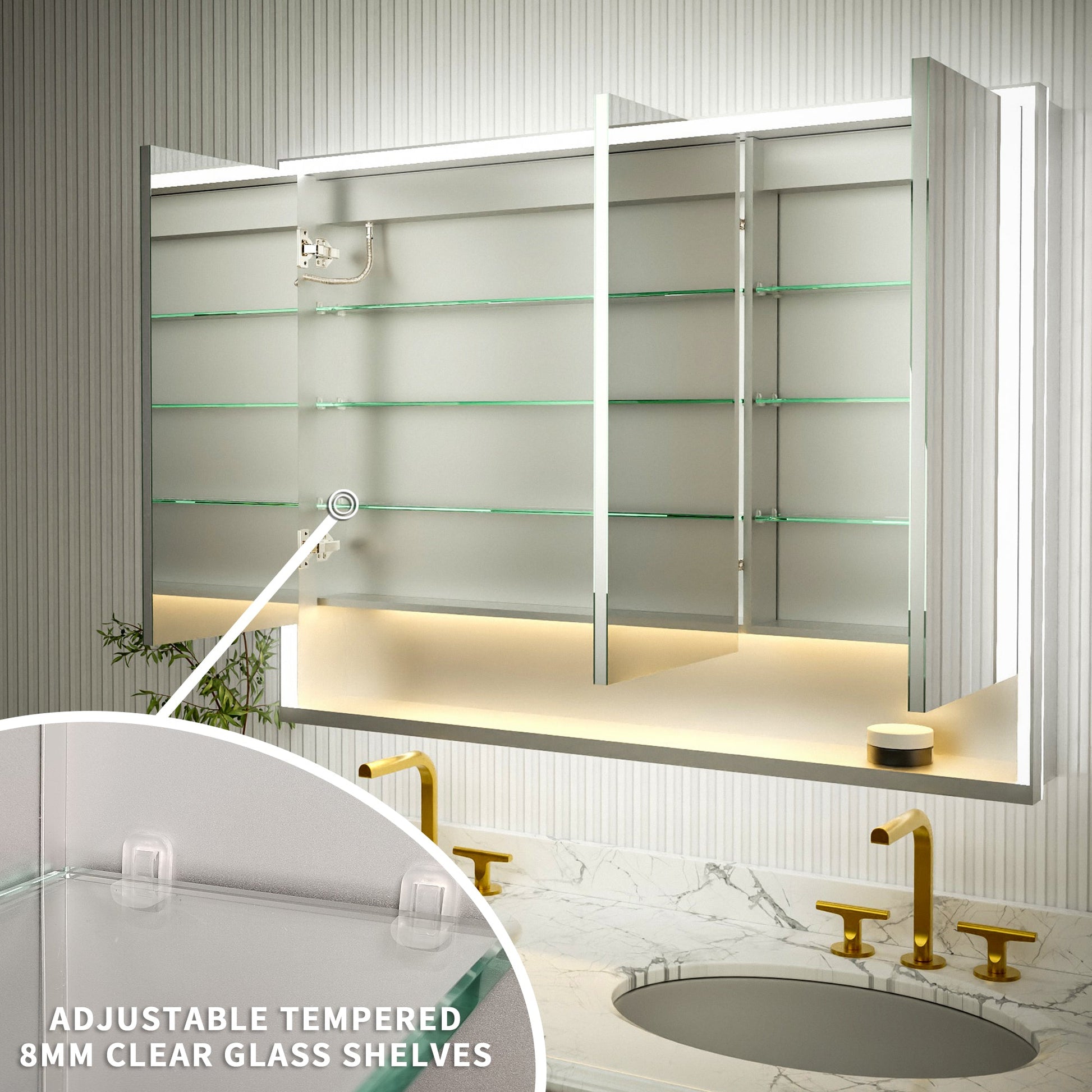 Ample 48" W x 36" H LED Lighted Chrome Medicine Cabinet with Mirror and Shelves for Bathroom Recessed or Surface Mount - ExBriteUSA