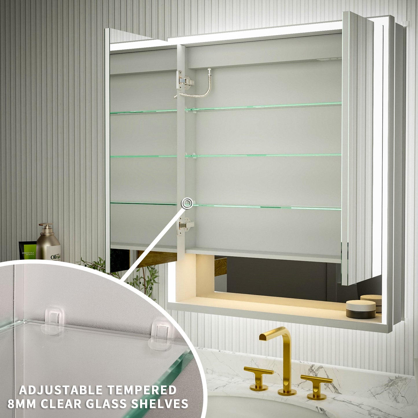 Ample 30" W x 36" H LED Lighted Chrome Medicine Cabinet with Mirror and Shelves for Bathroom Recessed or Surface Mount - ExBriteUSA