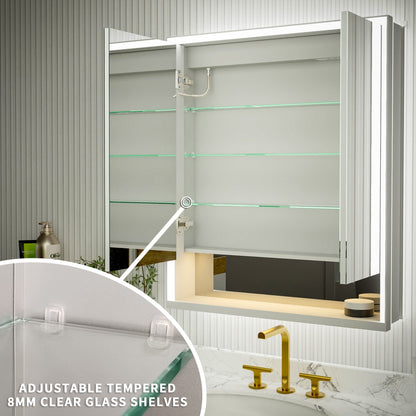 Ample 30" W x 36" H LED Lighted Chrome Medicine Cabinet with Mirror and Shelves for Bathroom Recessed or Surface Mount - ExBriteUSA