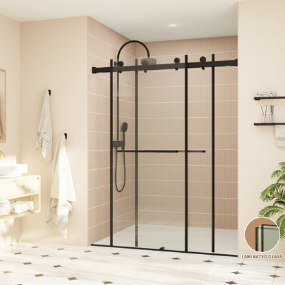 ExRoll-P Allsumhome 56"-60"W x 76"H Frameless Double Sliding Shower Door,10mm Tempered Glass Shower Enclosure,Easy Clean Coat,Matte Black,Buffer