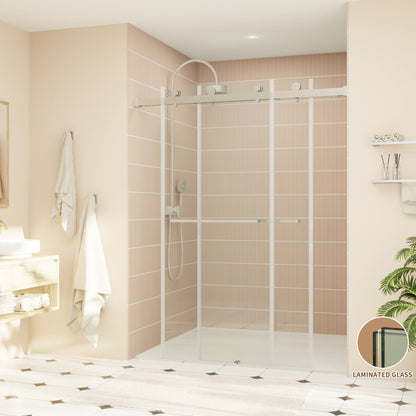 ExRoll-P Allsumhome 56"-60"W x 76"H Frameless Double Sliding Shower Door,10mm Tempered Glass Shower Enclosure,Easy Clean Coat,Brushed Nickel,Buffer