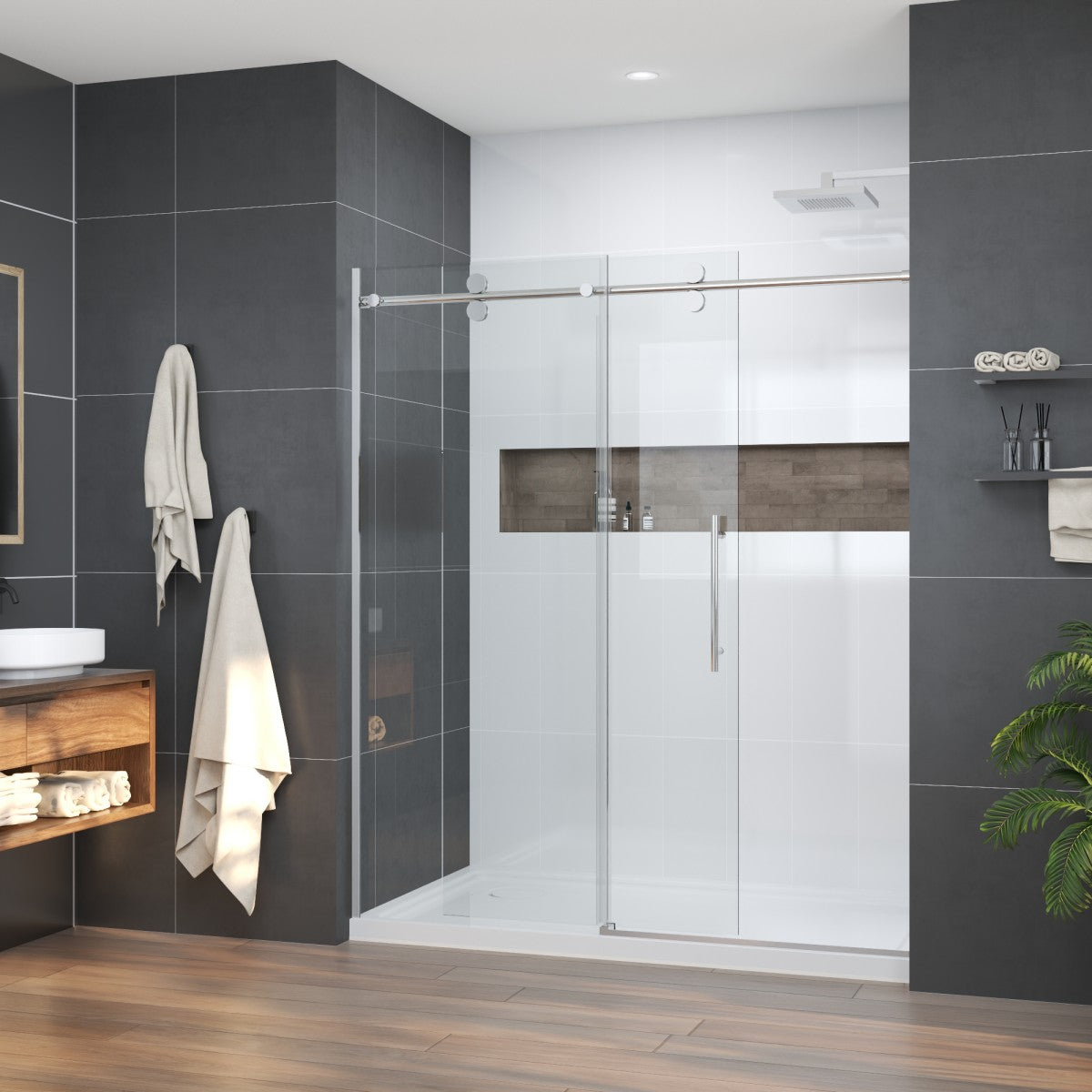 Anchor-H Allsumhome 56"-60"W x 76"H Frameless Sliding Shower Door,10mm Tempered Glass Shower Enclosure,Double Side Easy Clean Coat,Chrome,Buffer