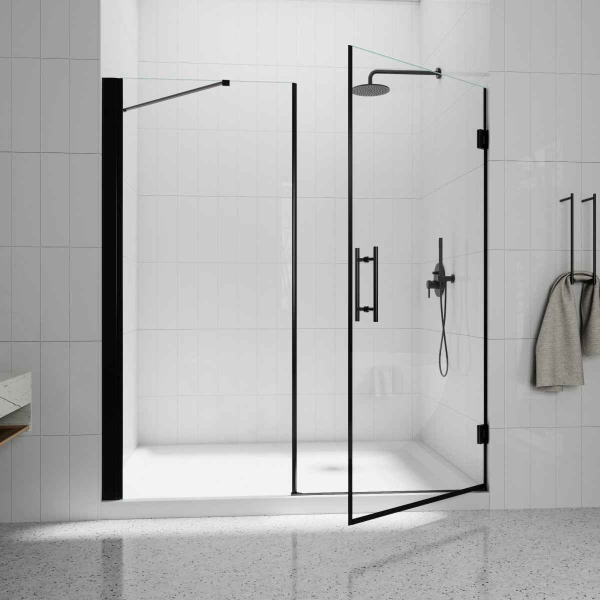 Gemini-W Allsumhome 56-58"Wx71"H Semi-Frameless Pivot Glass Shower Door,Pivot Shower Door,SGCC Tempered Glass,Matte Black,Reversible Installation