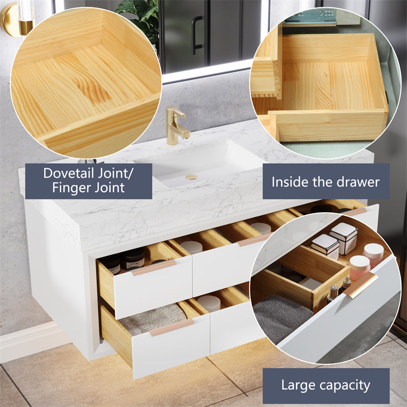 Glam 48" modern white rubberwood bathroom vanity with lights, stone slab countertop, and large capacity drawers.