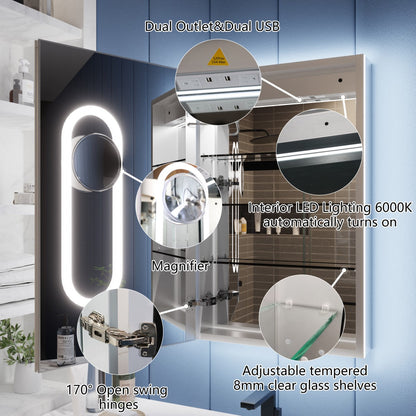 Illusion 24" x 32" LED Lighted Medicine Cabinet with Magnifiers Front and Back Light,Hinge on the Right