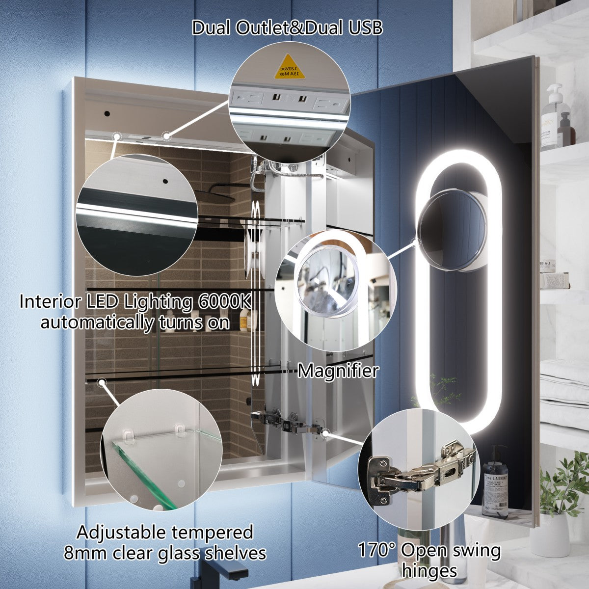 Illusion 20" x 32" Lighted Mirror Medicine Cabinet with Front and Back Magnifiers, Right Hinge