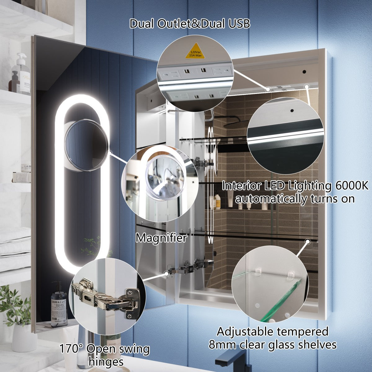 Illusion 24" x 32" LED Lighted Medicine Cabinet with Magnifiers Front and Back Light,Hinge on the Right