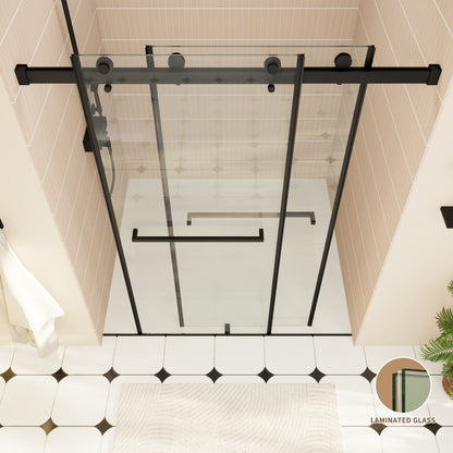 ExRoll-P Allsumhome 56"-60"W x 76"H Frameless Double Sliding Shower Door,10mm Tempered Glass Shower Enclosure,Easy Clean Coat,Matte Black,Buffer