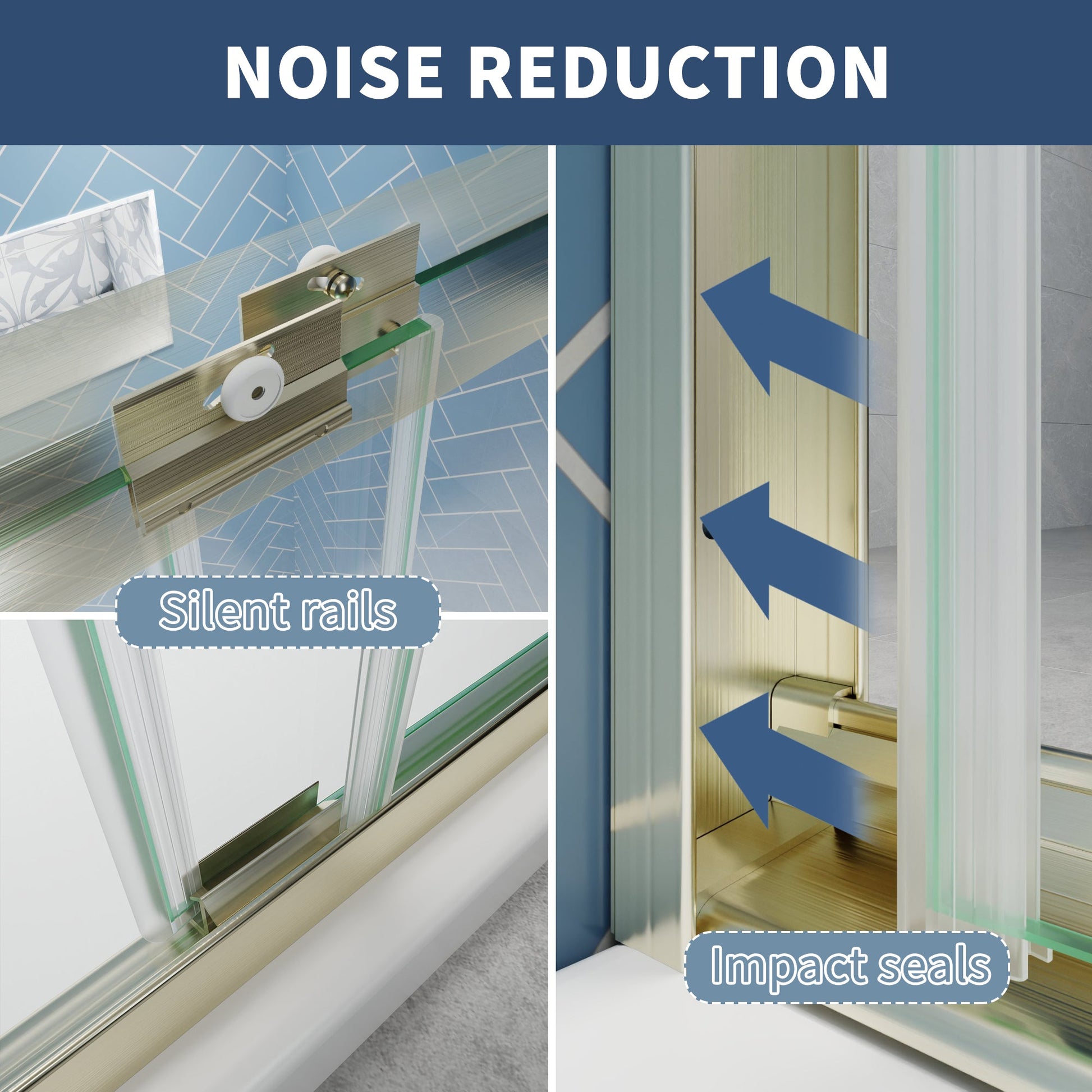 Glide Semi-Frameless Shower Door 56-60 in. W x 70 in. H Bypass Sliding Shower Enclosure,Brushed Gold,Double Sliding Glass Bathroom Doors - ExBriteUSA