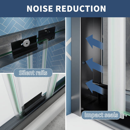 Glide 50-54 in. W x 70 in. H sliding glass shower doors with black frame and clear tempered glass featuring noise reduction with silent rails and impact seals.