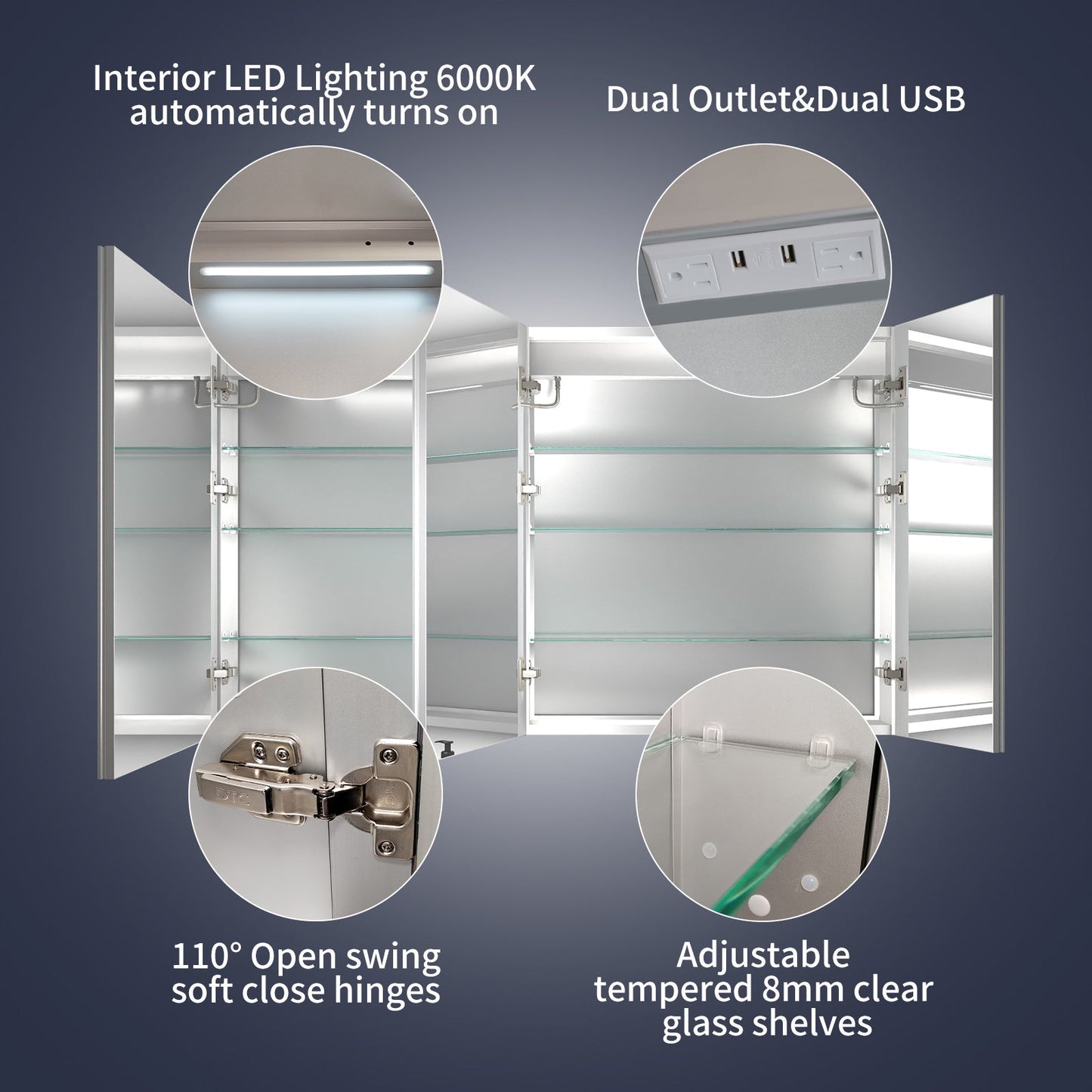 Rim 54" W x 32" H LED Lighted Medicine Cabinet Recessed or Surface with mirrors - ExBriteUSA