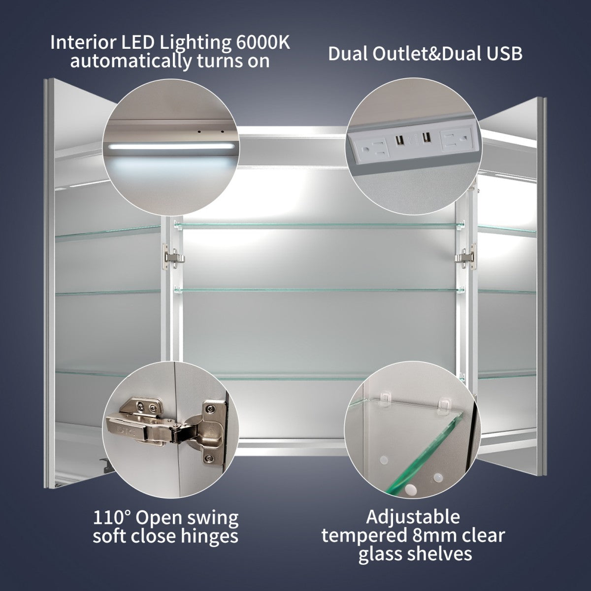 Rim 32 Inch Medicine Cabinet with LED Lights - 28" W x 32" H Recessed or Surface Mount with Mirrors