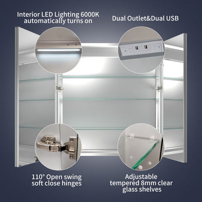 Rim 32 Inch Medicine Cabinet with LED Lights - 28" W x 32" H Recessed or Surface Mount with Mirrors