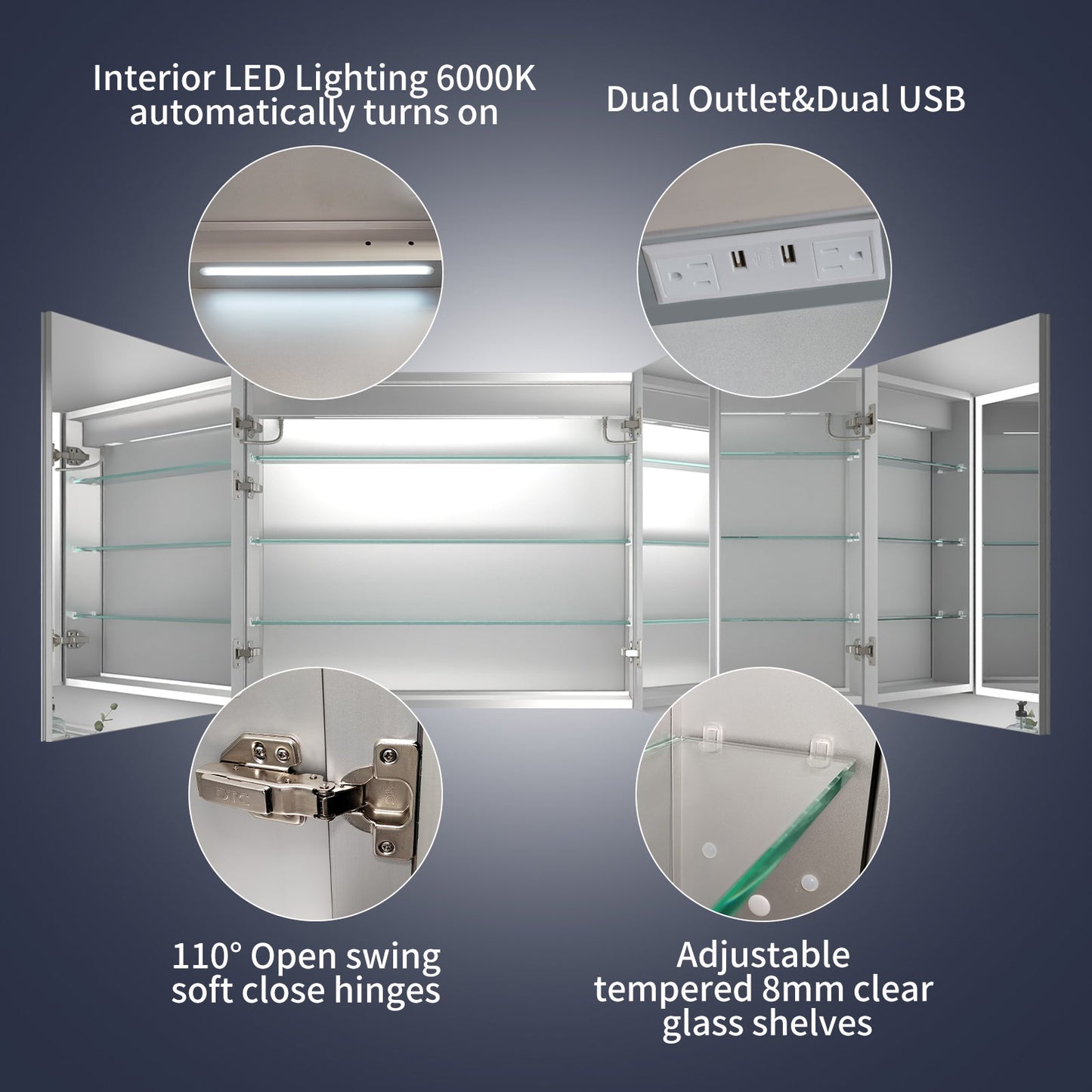 Rim 56" W x 30" H LED Lighted Medicine Cabinet Recessed or Surface with Mirrors - ExBriteUSA