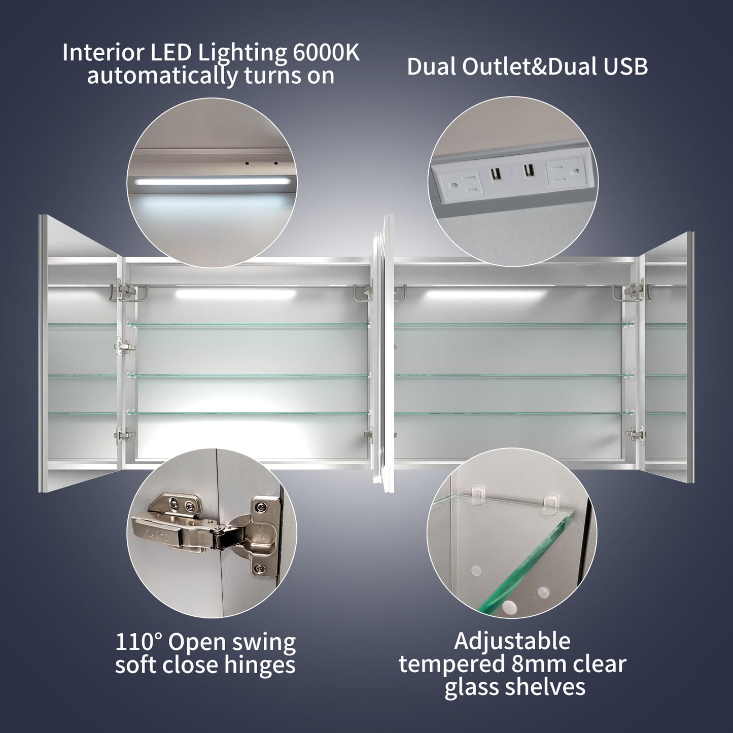 Rim 72" W x 30" H LED Lighted Medicine Cabinet Recessed or Surface with Mirrors - ExBriteUSA