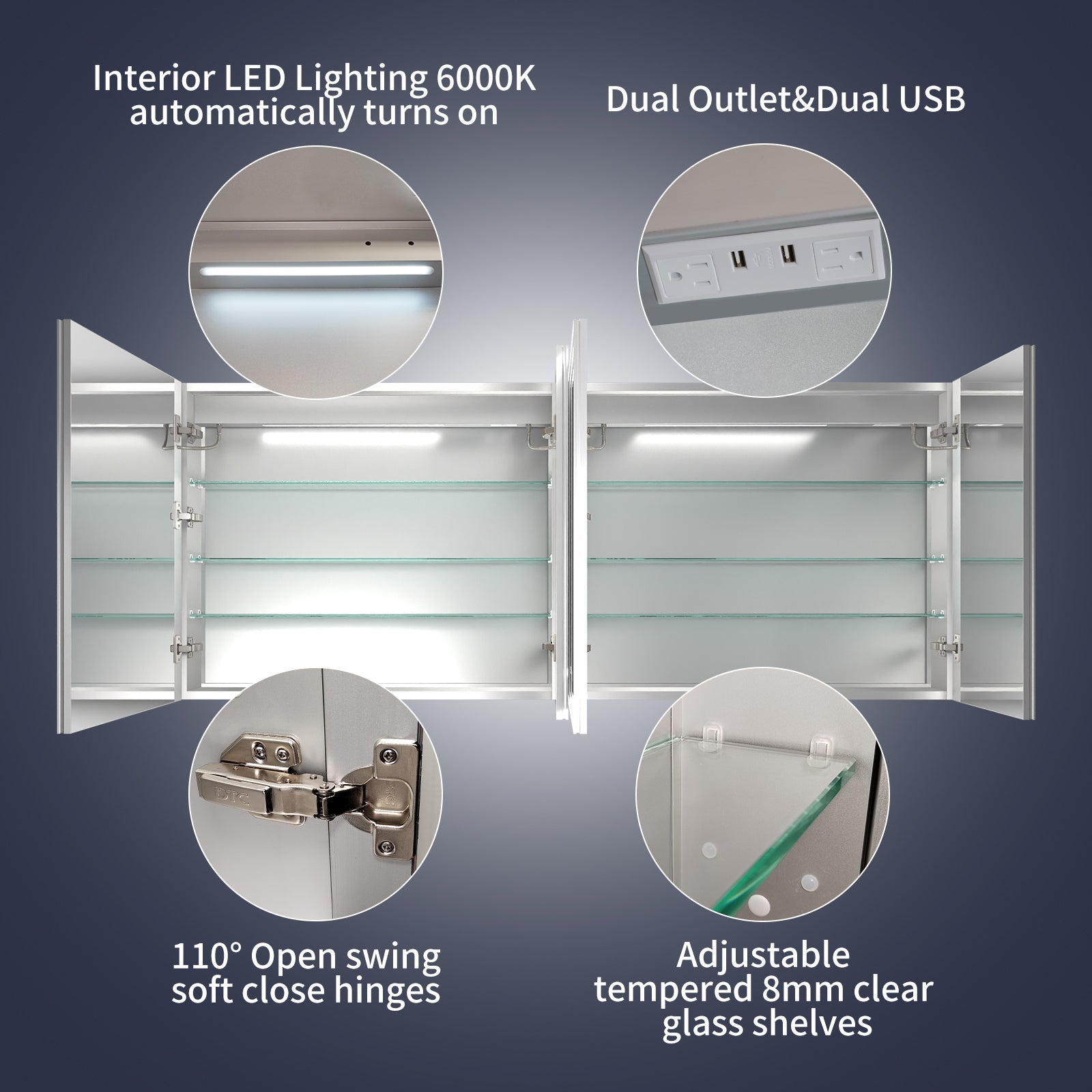 Rim 72" W x 30" H LED Lighted Medicine Cabinet Recessed or Surface with Mirrors - ExBriteUSA