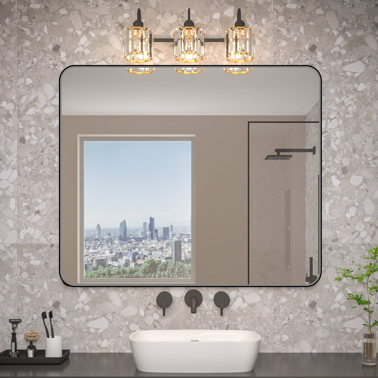 Noir 48" x 40" Vanity Mirror �C Modern, Elegant, Rectangular Wall Mirror with Tempered Glass, Shatterproof, Rust-Resistant, Matte Black Frame for Bathroom, Living Room & Hallway - ExBriteUSA