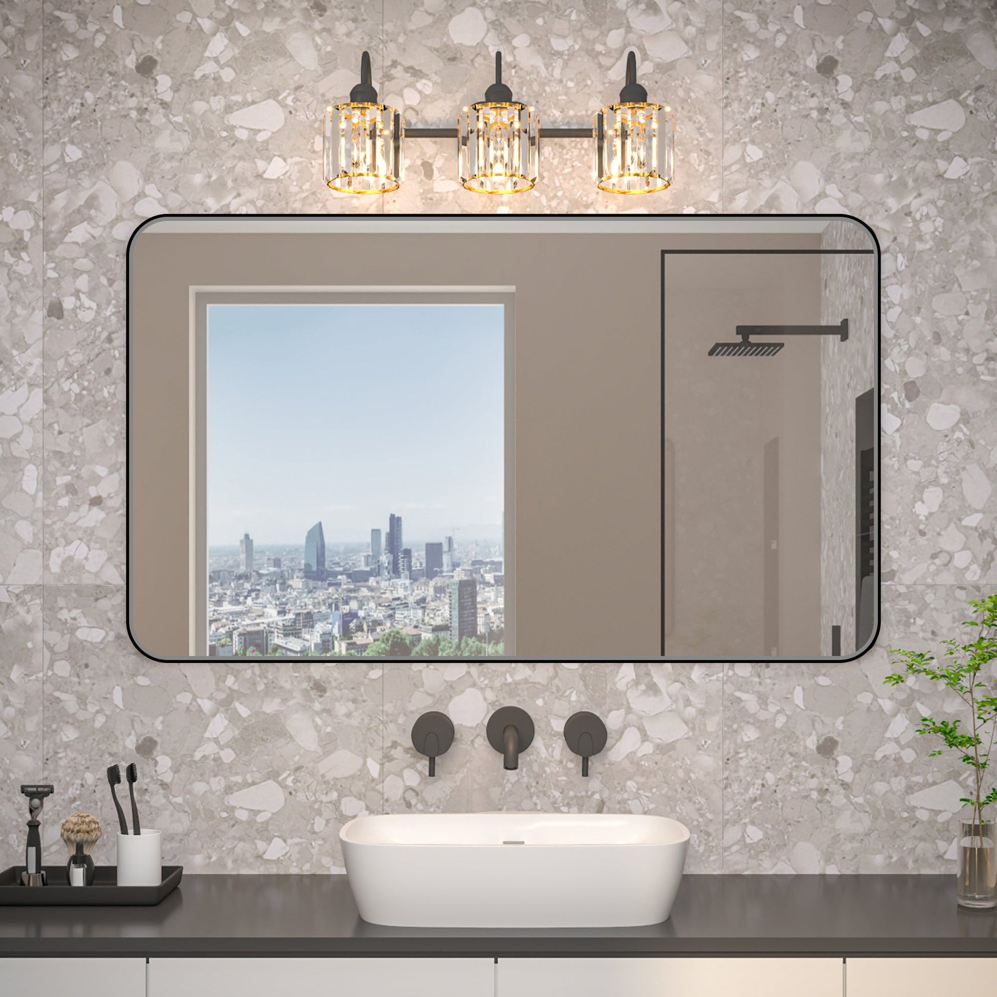 Noir 52" x 30" Vanity Mirror �C Modern, Elegant, Rectangular Wall Mirror with Tempered Glass, Shatterproof, Rust-Resistant, Matte Black Frame for Bathroom, Living Room & Hallway - ExBriteUSA