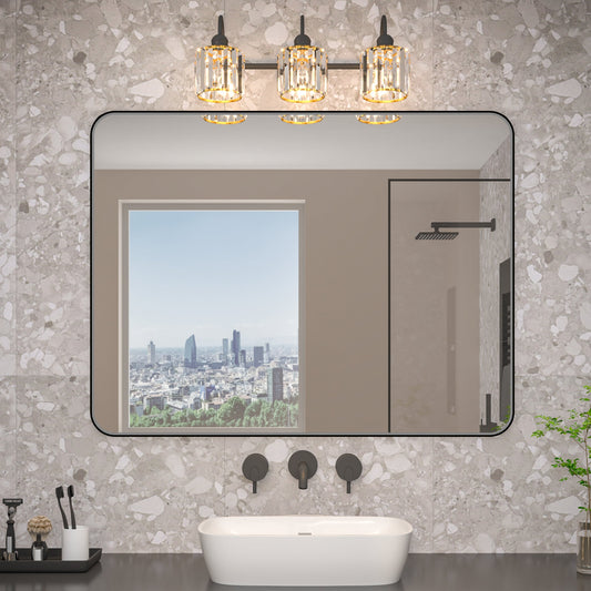 Noir 48" x 36" Vanity Mirror �C Modern, Elegant, Rectangular Wall Mirror with Tempered Glass, Shatterproof, Rust-Resistant, Matte Black Frame for Bathroom, Living Room & Hallway - ExBriteUSA