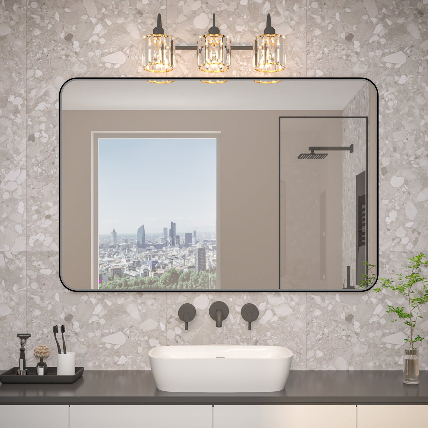 Noir 55" x 36" Vanity Mirror �C Modern, Elegant, Rectangular Wall Mirror with Tempered Glass, Shatterproof, Rust-Resistant, Matte Black Frame for Bathroom, Living Room & Hallway - ExBriteUSA