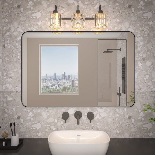 Noir 48" x 32" Vanity Mirror �C Modern, Elegant, Rectangular Wall Mirror with Tempered Glass, Shatterproof, Rust-Resistant, Matte Black Frame for Bathroom, Living Room & Hallway - ExBriteUSA
