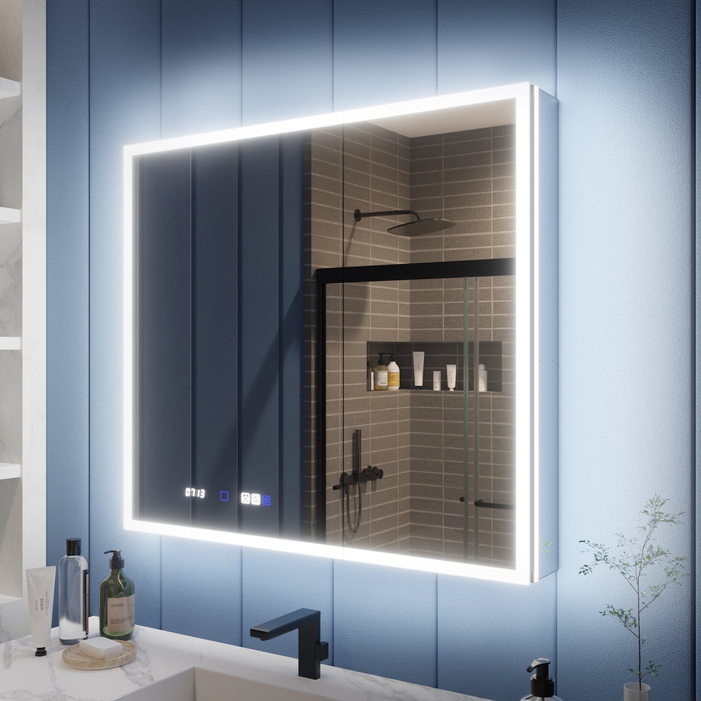 LED lighted medicine cabinet with mirror in a modern bathroom setting.