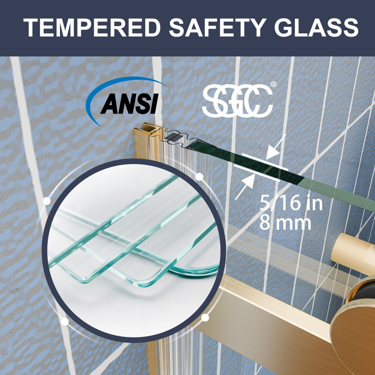 Zephyr 56-60" Semi-Frameless Single Sliding Tub Door,Brushed Gold,Bypass Bathtub Shower Tempered Glass Door with Explosion-Proof Film