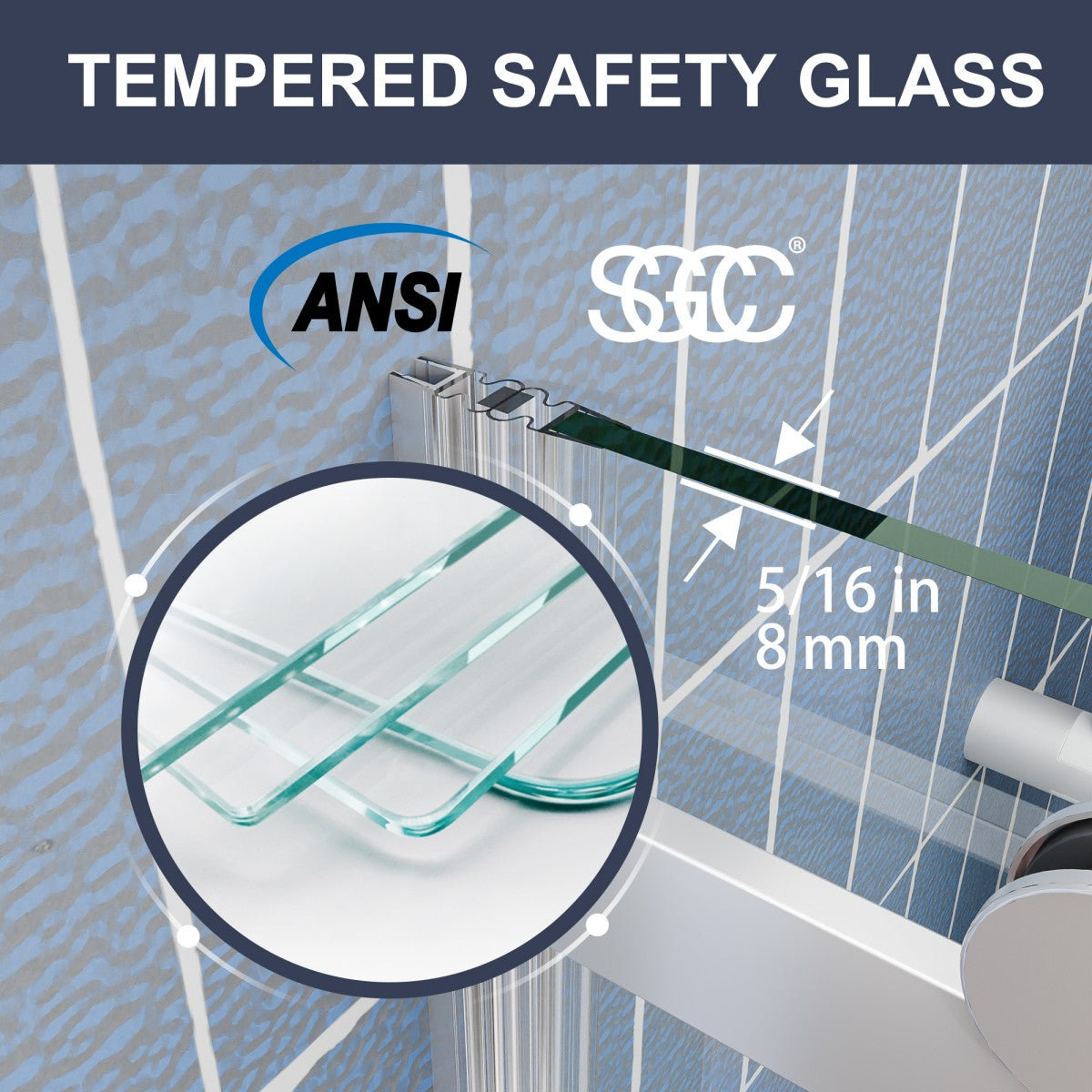 Zephyr 52-56" Semi-Frameless Single Sliding Tub Door,Chrome,Bypass Bathtub Shower Tempered Glass Door with Explosion-Proof Film