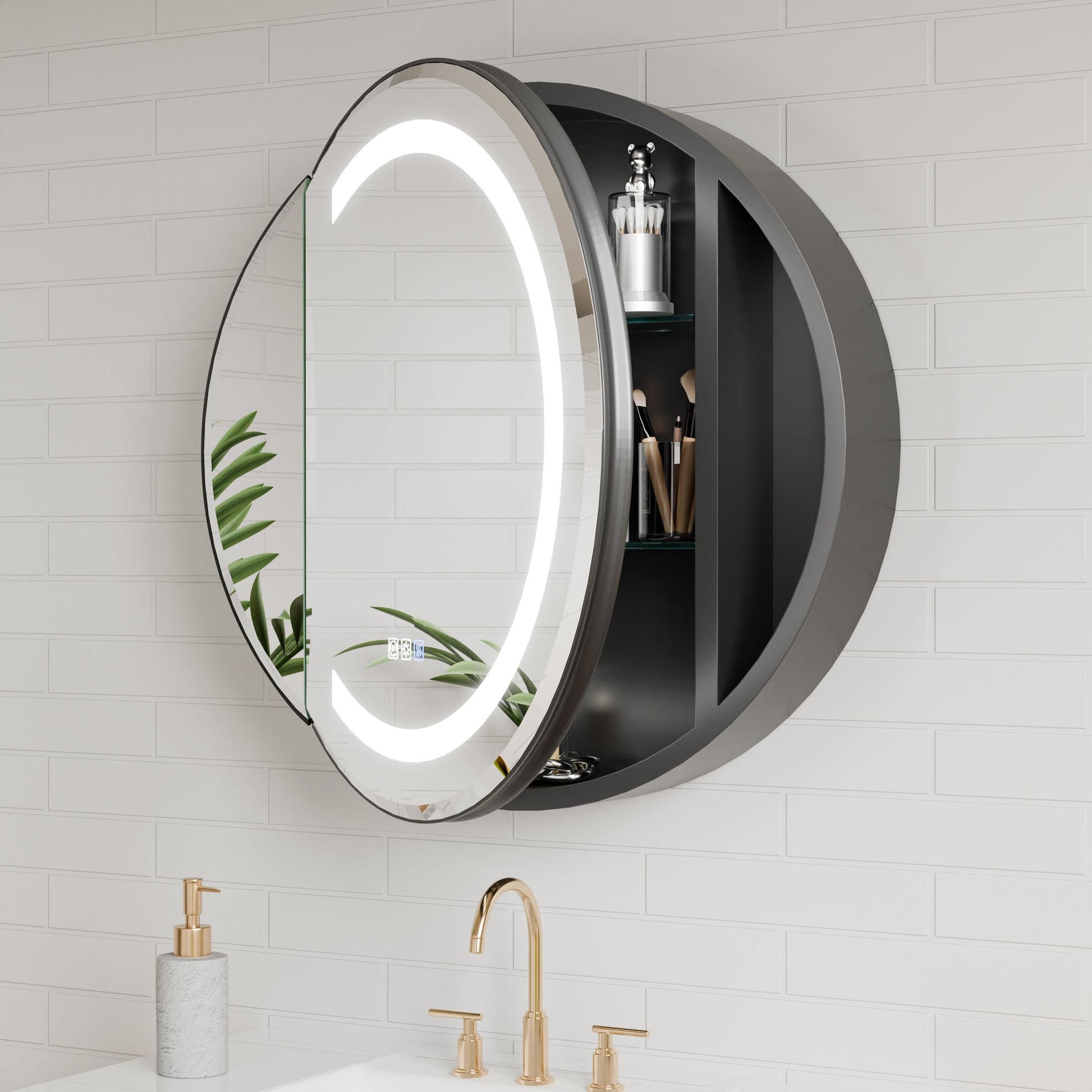 Hola 26" Round LED Medicine Cabinet �C Black Frame, Anti-Fog, Dimmable Lighting, Surface Mount - ExBriteUSA