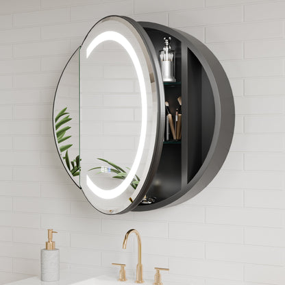 Hola 26" Round LED Medicine Cabinet �C Black Frame, Anti-Fog, Dimmable Lighting, Surface Mount - ExBriteUSA