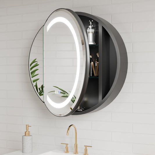 Hola 26" Round LED Medicine Cabinet �C Black Frame, Anti-Fog, Dimmable Lighting, Surface Mount - ExBriteUSA