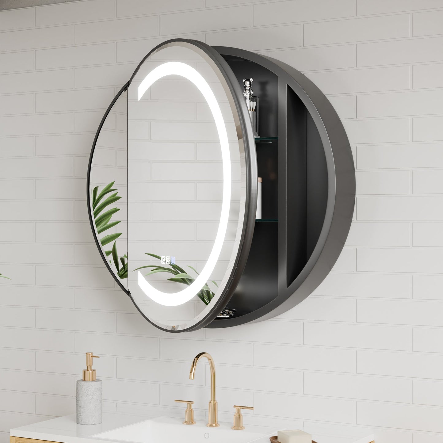 Hola 28" Round LED Medicine Cabinet �C Black Frame, Anti-Fog, Dimmable Lighting, Surface Mount - ExBriteUSA