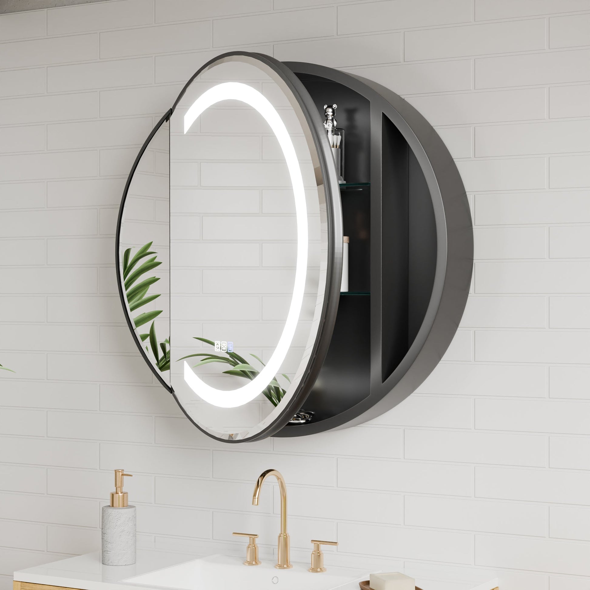 Hola 28" Round LED Medicine Cabinet �C Black Frame, Anti-Fog, Dimmable Lighting, Surface Mount - ExBriteUSA